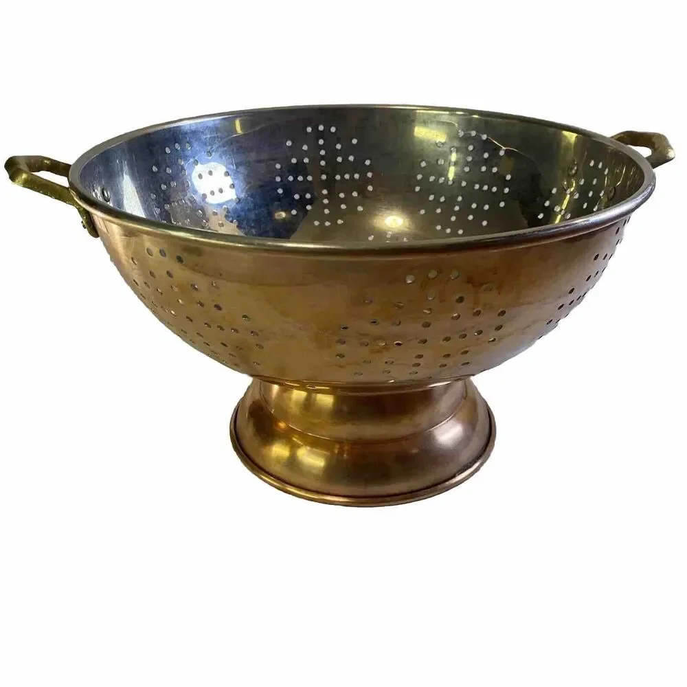 Antique Copper Strainer Colander 12” Riveted Brass Handles Pedestal Patina Korea